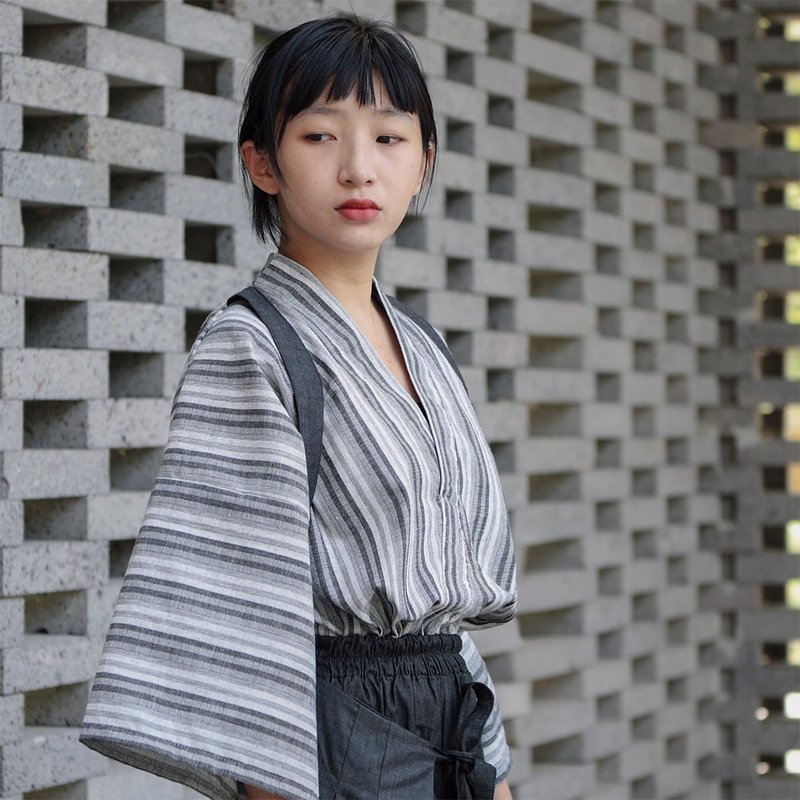 日系和风 绑带衬衫v领上衣 - 女装衬衫 - 棉．麻 黑色