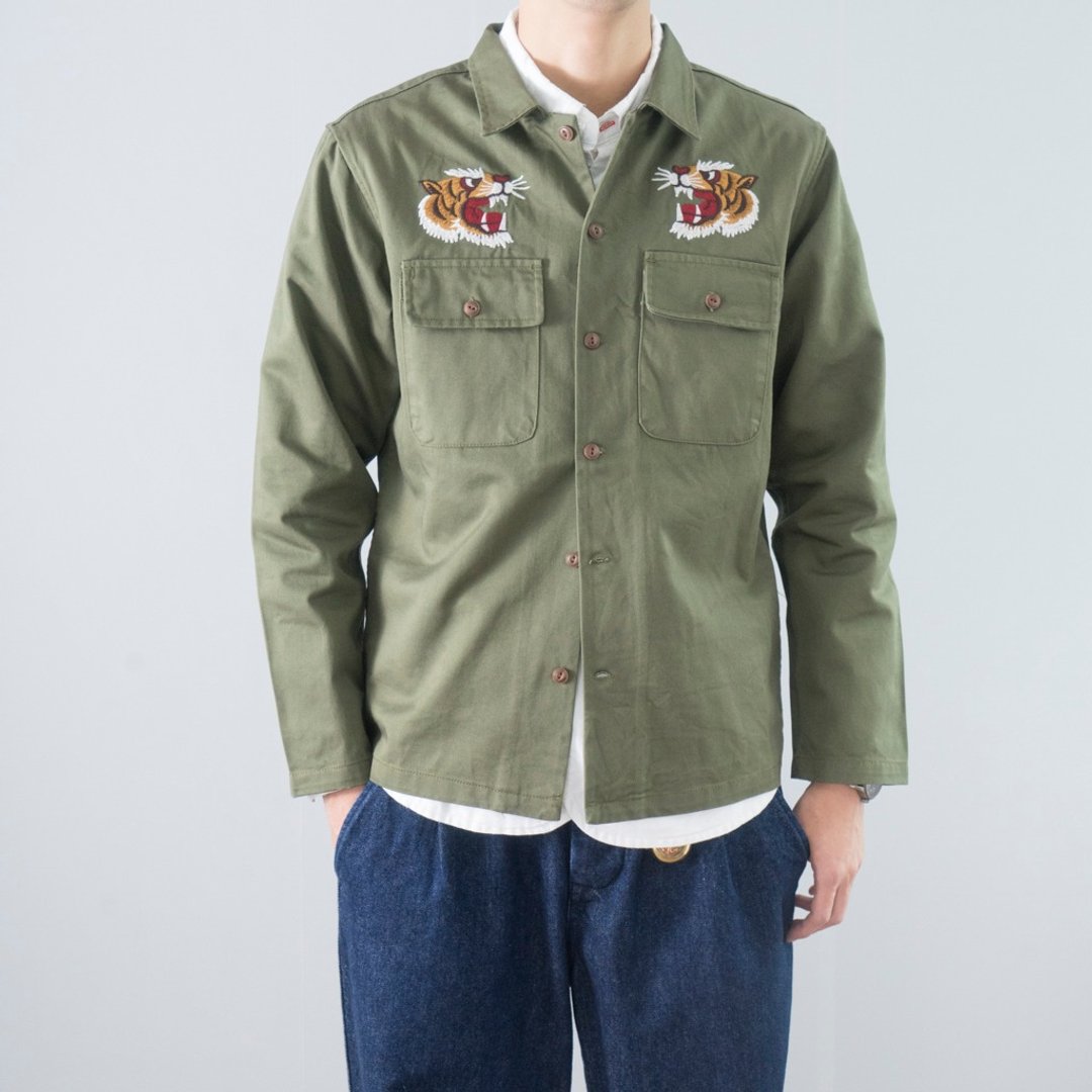 日系搭配 美式复古 虎头刺绣 帆布长袖工装衬衫 厚实质感 shirt - 男装衬衫 - 棉．麻 绿色