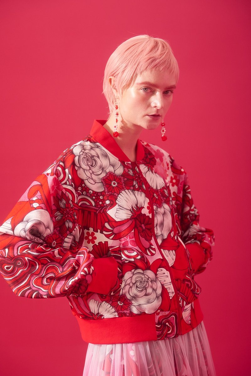 红色花朵图案长袖棒球外套 - 男装外套 - 聚酯纤维 红色