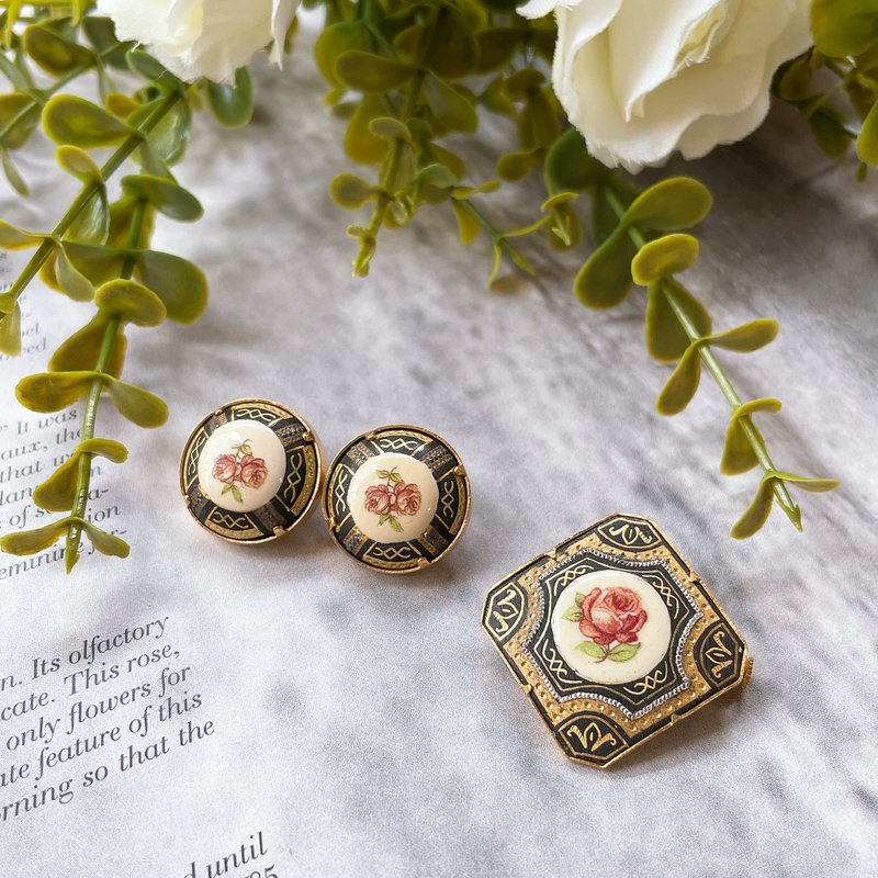 【Damascene大马士革珐琅玫瑰套组】 Vintage美国古董珠宝老件 - 胸针 - 其他材质 