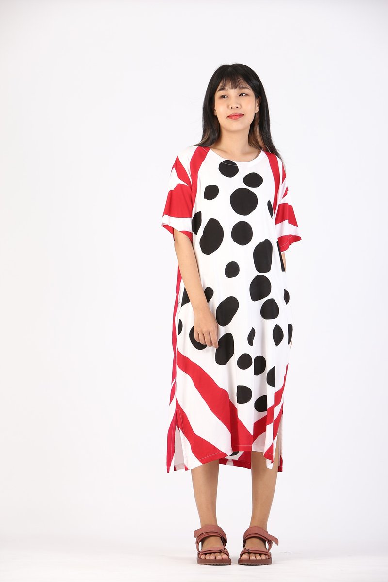 Short Dress Kaftan Cotton Silk Hand Paint Free Size - 洋装/连衣裙 - 聚酯纤维 白色