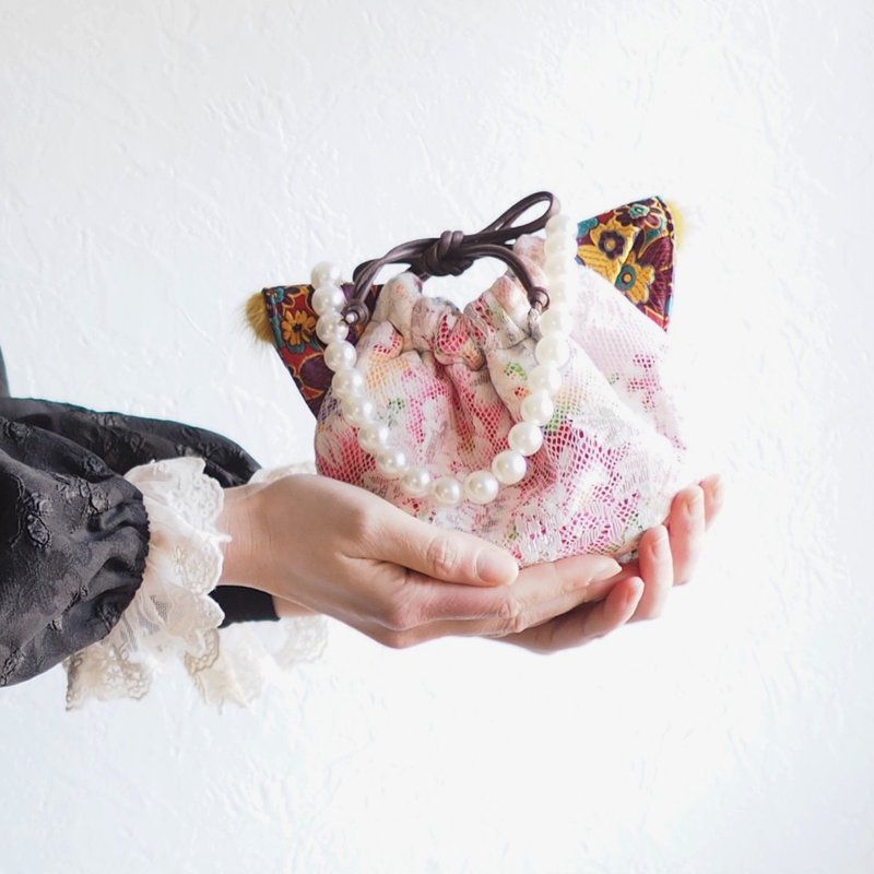 Cat-shaped purse pochette with gorgeous lace (1 piece) - 侧背包/斜挎包 - 棉 粉红色