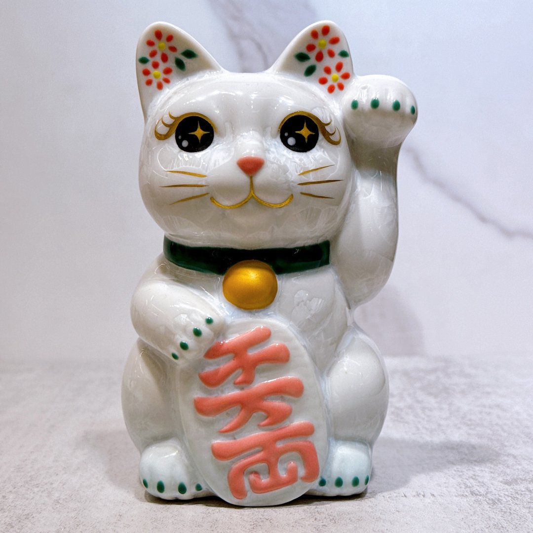 【京烧雅缘】日本清水烧招财猫 | 花结晶 白 千万両 左 - 摆饰 - 瓷 白色