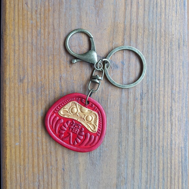 手工真皮 日式手染达摩 勾扣钥匙圈 吊饰 - 钥匙链/钥匙包 - 真皮 红色
