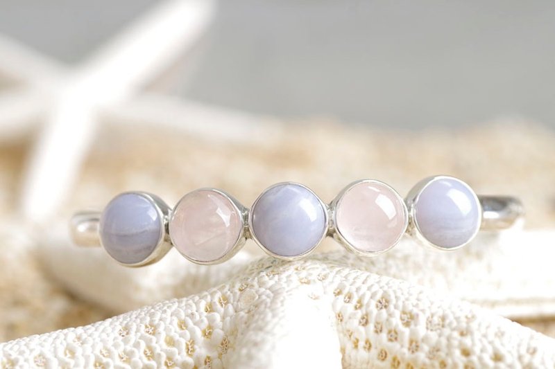 Blue lace agate and rose quartz Silver bangle - 手链/手环 - 石头 多色
