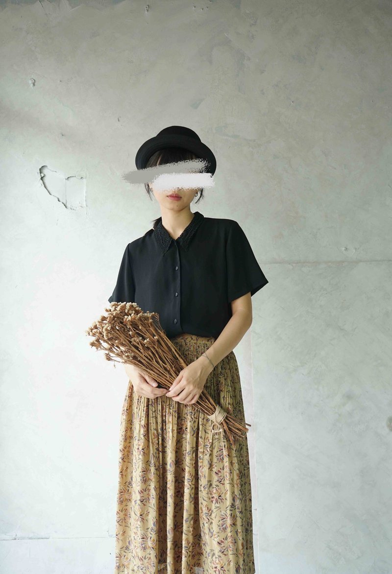 寻宝古着-黑色双层蕾丝领雪纺衬衫 - 女装衬衫 - 聚酯纤维 黑色