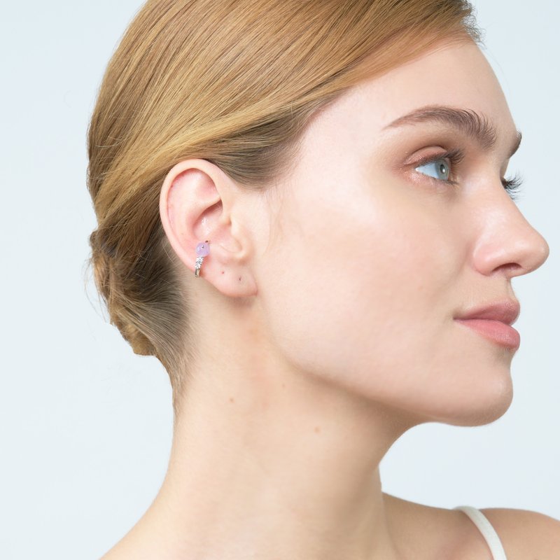 轻奢紫锂辉耳扣 925银厚镀18K金 Joyeux Kunzite Earcff - 耳环/耳夹 - 钻石 银色