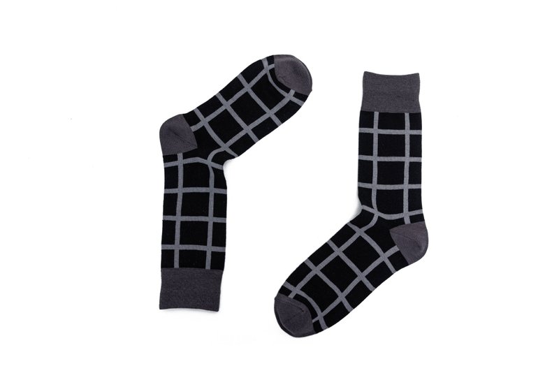 Windowpane方窗格纹绅士袜 黑灰 - 绅士袜 - 棉．麻 黑色