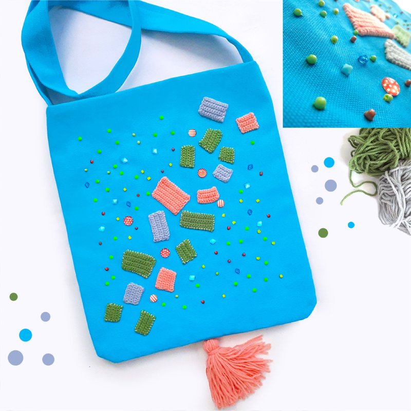 手工刺绣托特包，14盎司帆布材质，设计俏皮可爱，尺寸 12x14 英寸。 - 手提包/手提袋 - 其他材质 蓝色