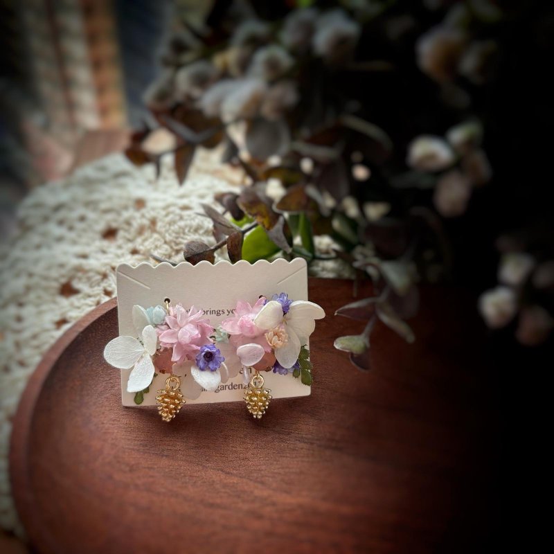 My summer Garden collection 森系花园风短耳环 - 耳环/耳夹 - 植物．花 粉红色