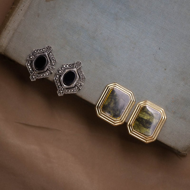 美国 Avon 品牌古董 仿白铁矿镶黑玛瑙银色耳夹 仿玉石方块金耳夹 - 耳环/耳夹 - 其他金属 金色