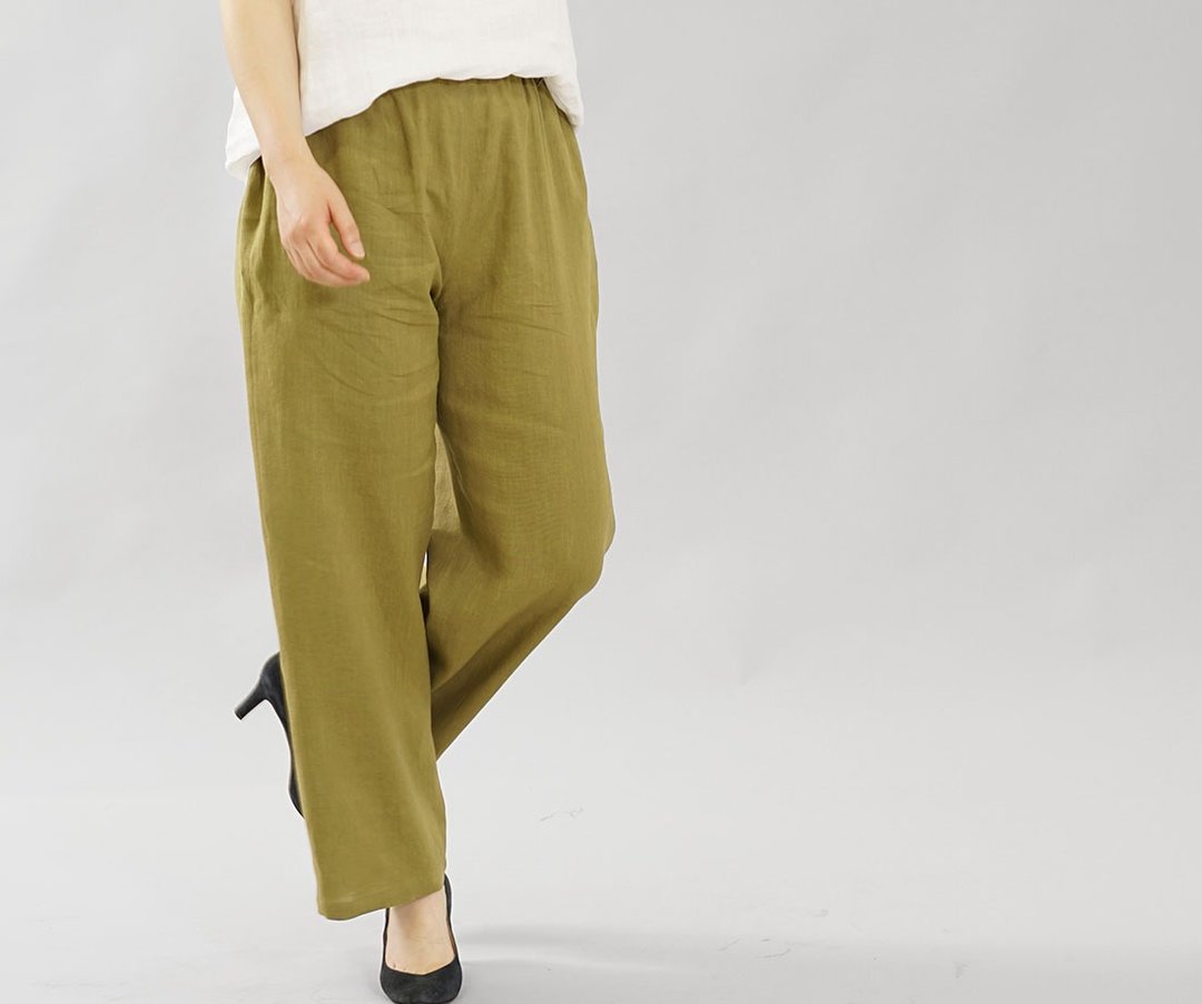 Linen pants / bottoms / long length / elastic waist / flaxen b001a-kib1 - 女装长裤 - 棉 卡其色