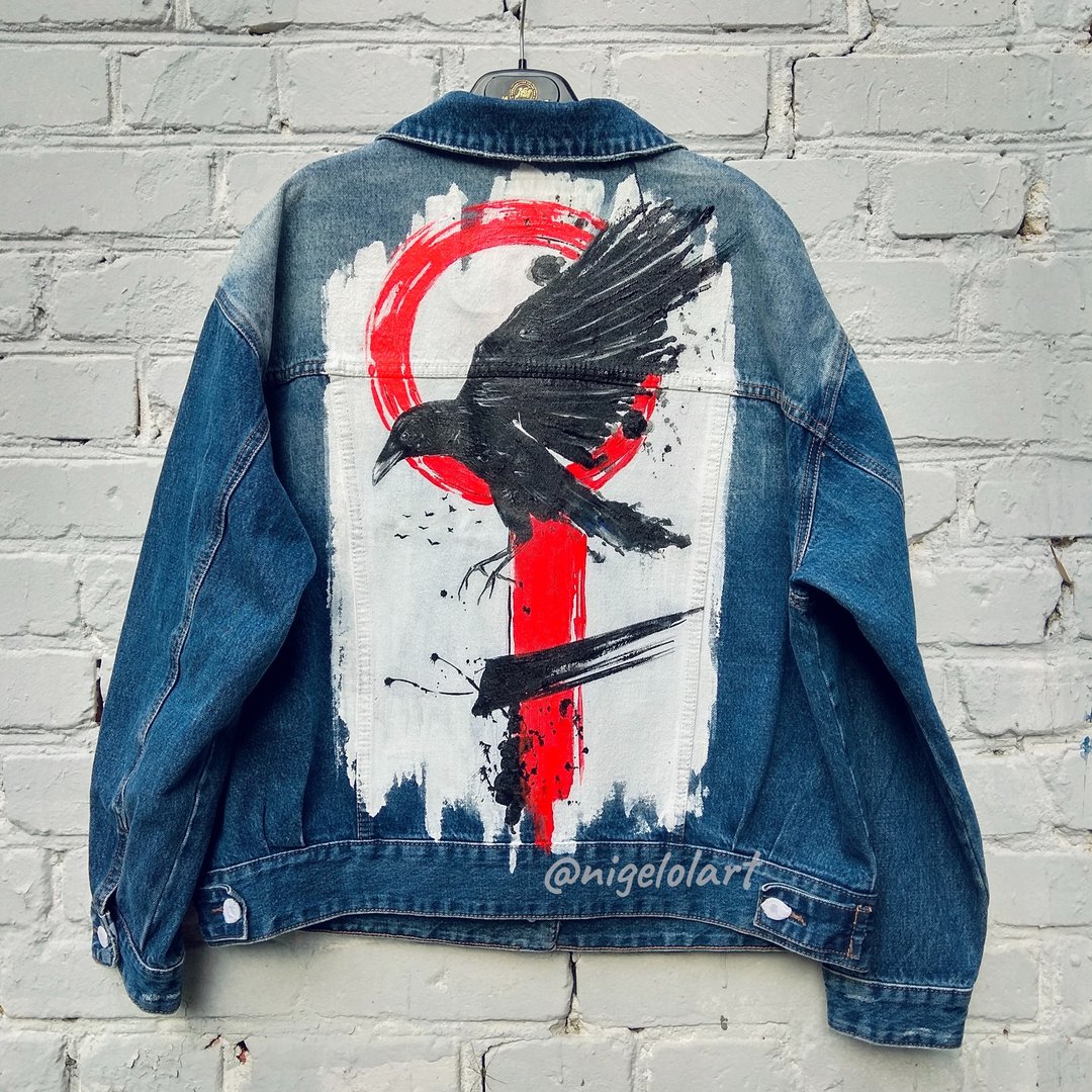 Painted Denim Jacket Handmade Custom jacket Tattoo Raven Crow Gift - 女装休闲/机能外套 - 棉 多色