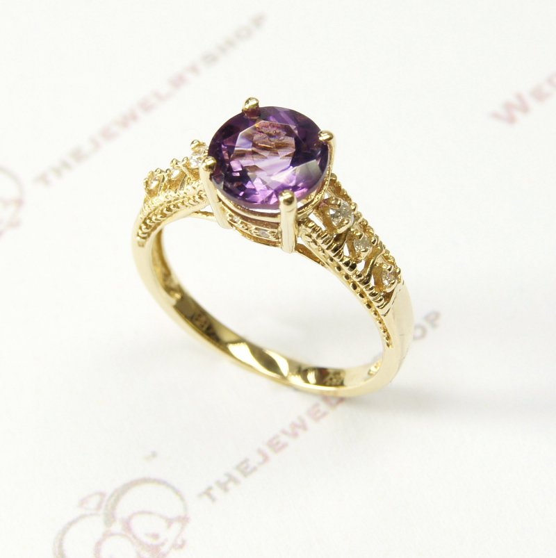 14K黄金 圆形紫水晶配钻石戒指 - 二月生日石  - 包邮 - 戒指 - 宝石 紫色