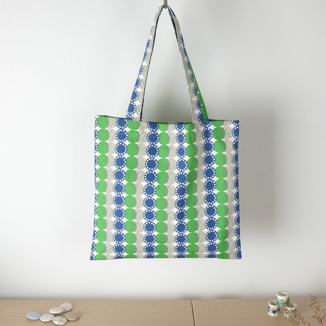 Green &amp; Blue Circle Pattern Japan Cotton Tote Bag - 侧背包/斜挎包 - 棉 绿色