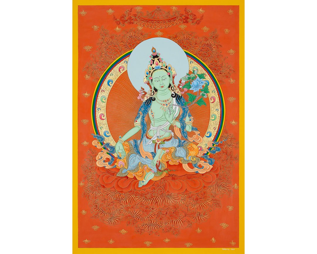 精工制作的绿度母唐卡 - 神圣的赋能与和平象征 - 墙贴/壁贴 - 其他材质 多色