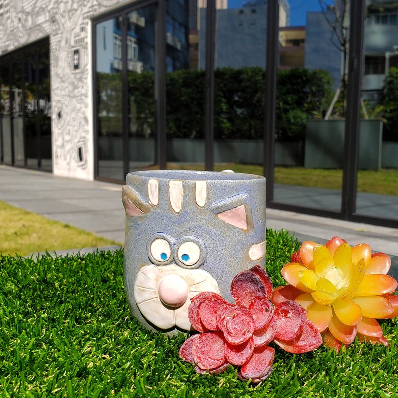 卡通灰猫陶艺杯 - 咖啡杯/马克杯 - 陶 灰色