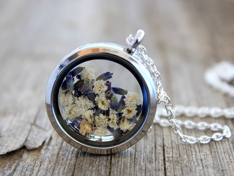 Gypsophila Locket, Lavender Locket, Real Lavender, Real Baby's Breath, Real Dried Flowers Locket, Dried Flowers, Dried Flowers Locket - 项链 - 玻璃 多色