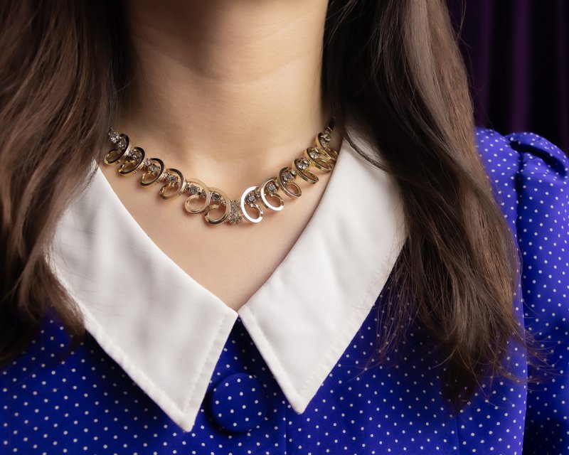 美国古董 镀金蜷线造型镶莱茵石 项链耳夹手链 三件套组 - 项链 - 其他金属 金色