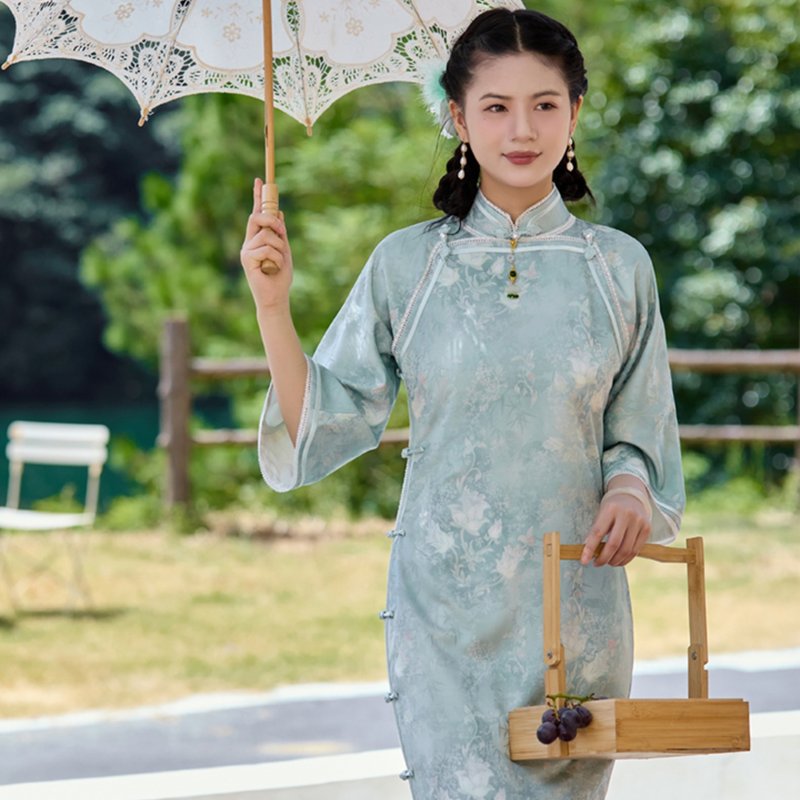 【翠玉萝】 新中式復古/织锦提花/古法双襟旗袍 - 旗袍 - 其他材质 绿色