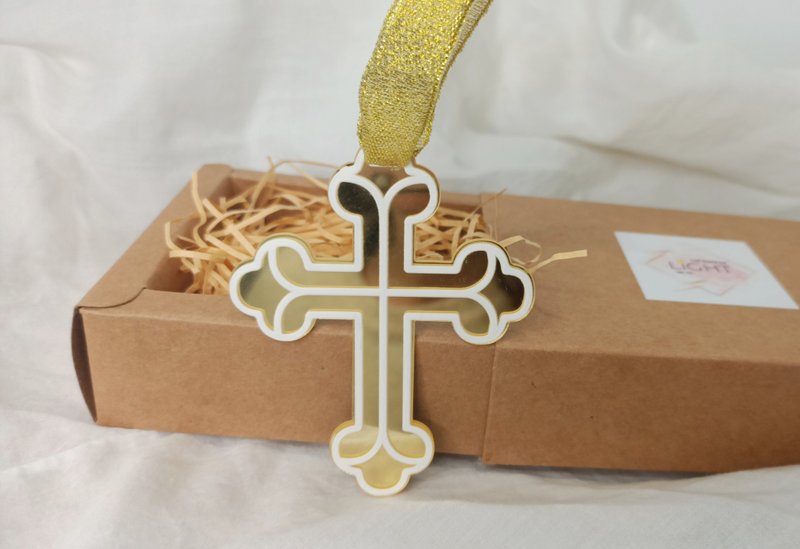 金色十字架压克力汽车挂饰吊饰/基督教礼品/福音礼品/受洗礼物 - 吊饰 - 压克力 