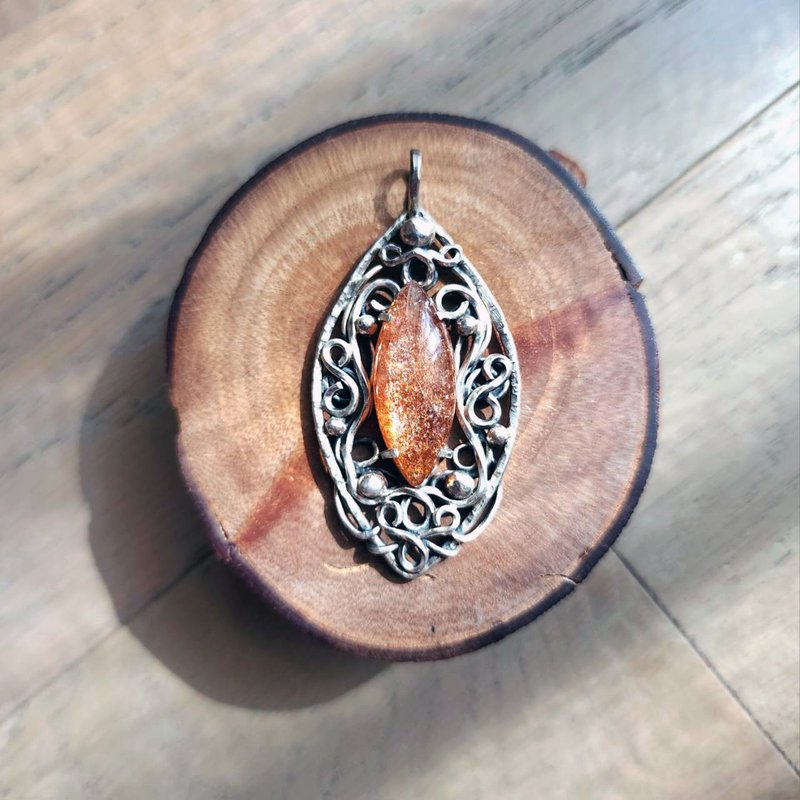 【曲水辰手作】太阳石纯银吊坠 - 项链 - 宝石 橘色
