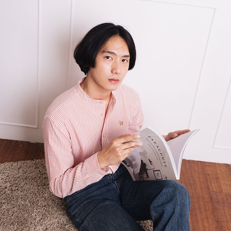 (已售) 柯基 // 红条纹 // 男士直筒版型 - 男装衬衫 - 棉．麻 红色