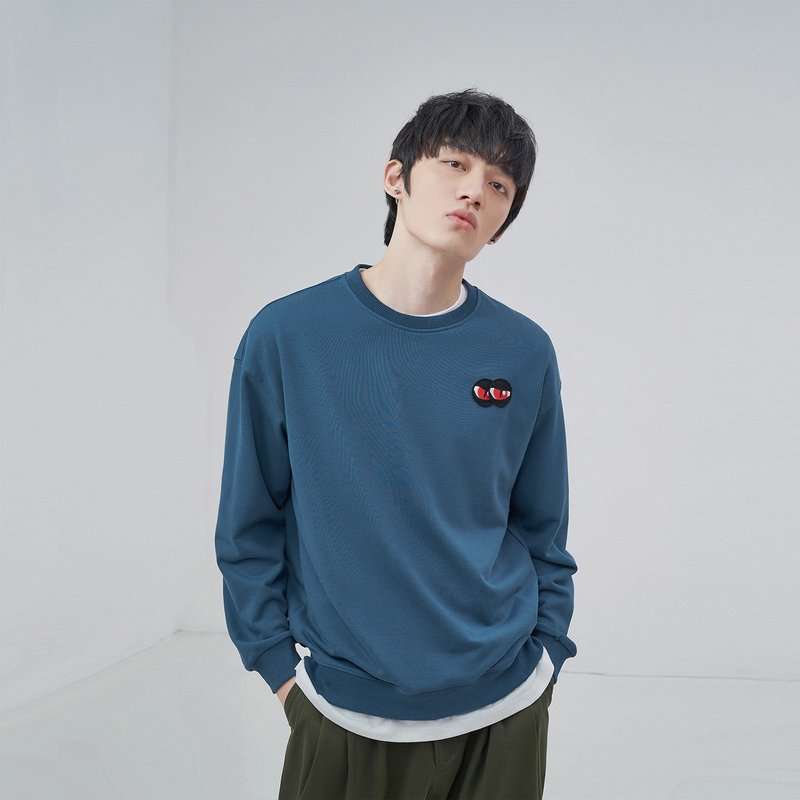 原创设计师款2021秋季刺绣圆领卫衣男国潮上衣休闲外套 - 男装外套 - 棉．麻 蓝色