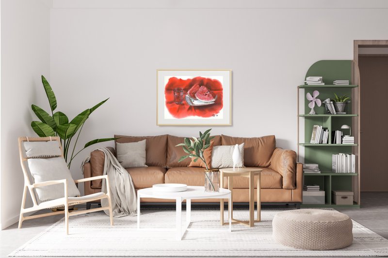 Watermelon hand painted watercolor, handmade paintings, home wall art decor - 墙贴/壁贴 - 纸 多色