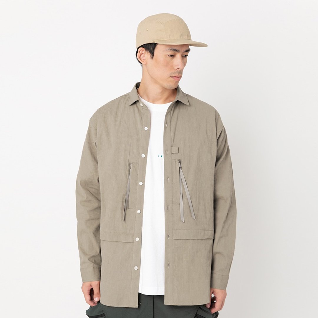Wide Spread Collar Shirt长袖宽松衬衫 卡其色 皱褶布料 - 男装衬衫 - 棉 