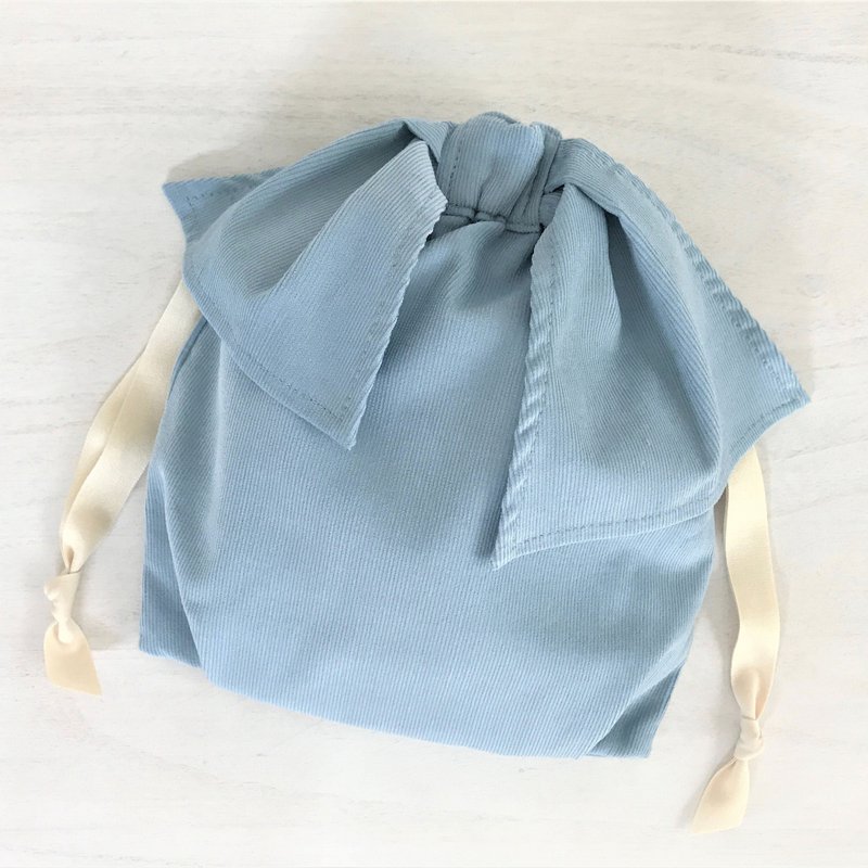 New Color Light Corduroy Asymmetry Ribbon Drawstring Pouch Pale Blue - 化妆包/杂物包 - 棉．麻 蓝色