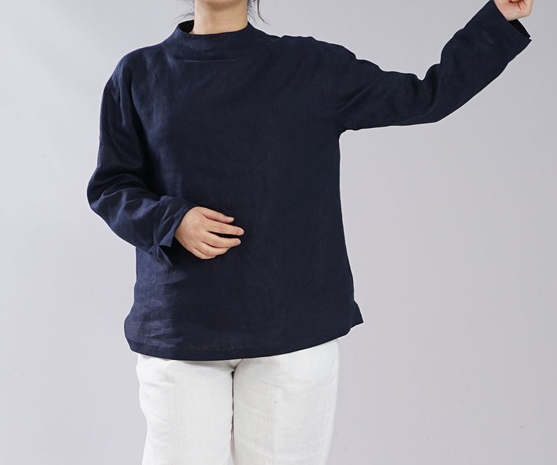 wafu - 亞麻上衣 Midweight Linen Bottle-neck Top / Navy t004c-neb2 - 女装上衣 - 亚麻 蓝色