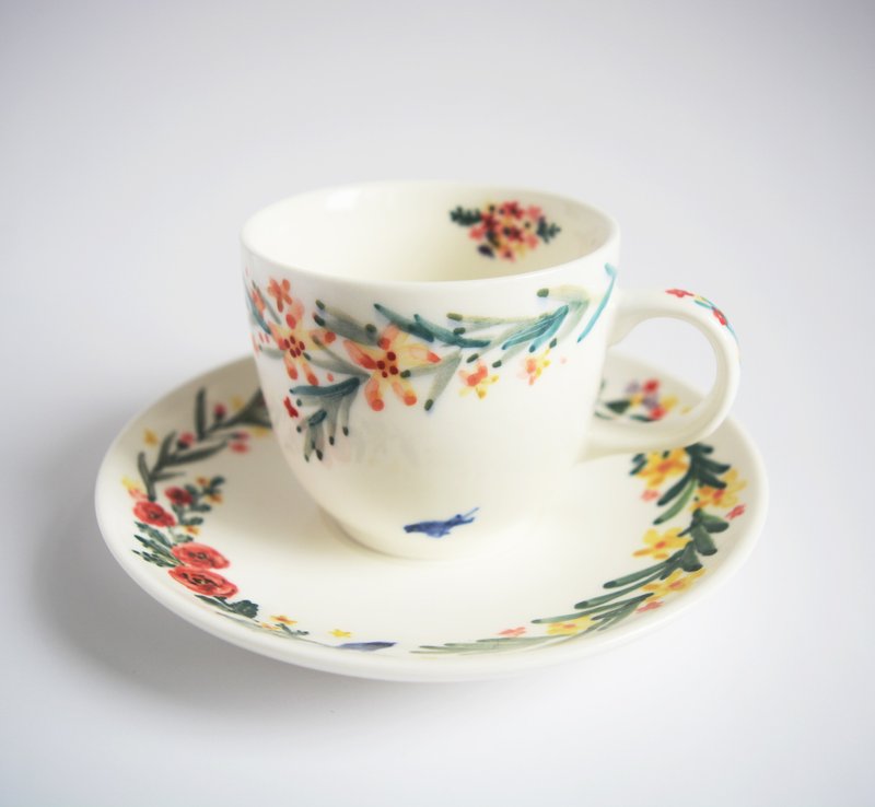 手绘咖啡杯组 彩色花圈与小青鸟 (现货) 交换礼物、快速到货 - 咖啡杯/马克杯 - 瓷 绿色