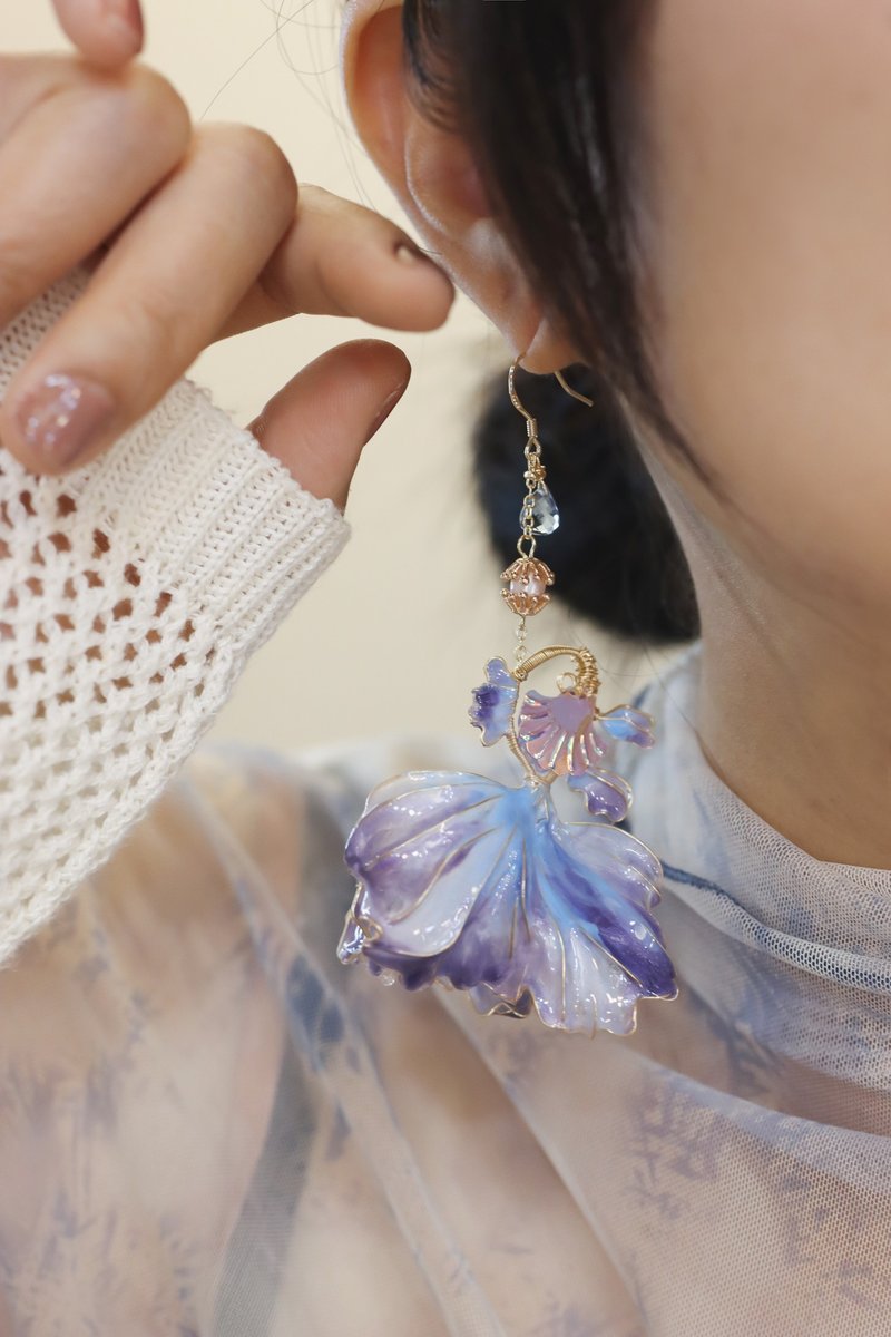 2024新色 海洋乐园 水晶鱼－迷雾紫 托帕石水晶花树脂耳环耳勾耳 - 耳环/耳夹 - 树脂 紫色