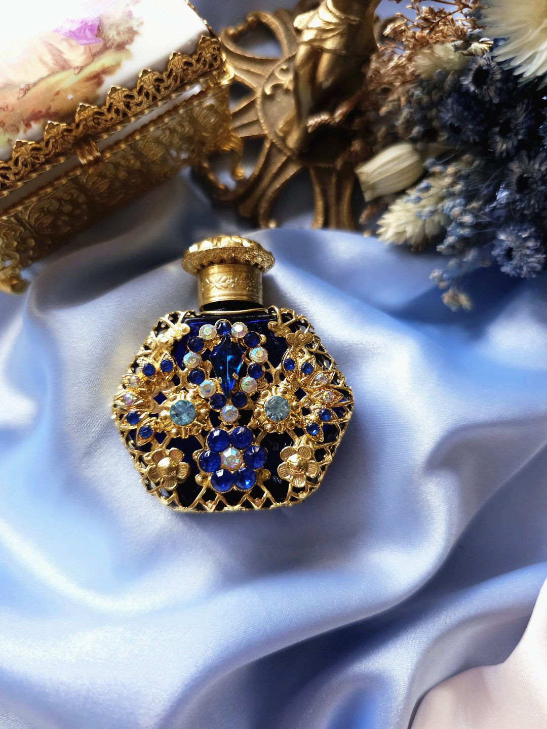 捷克工艺宝蓝玻璃金丝掐纹莱茵香水瓶/美国西洋古董饰品 - 其他 - 其他材质 
