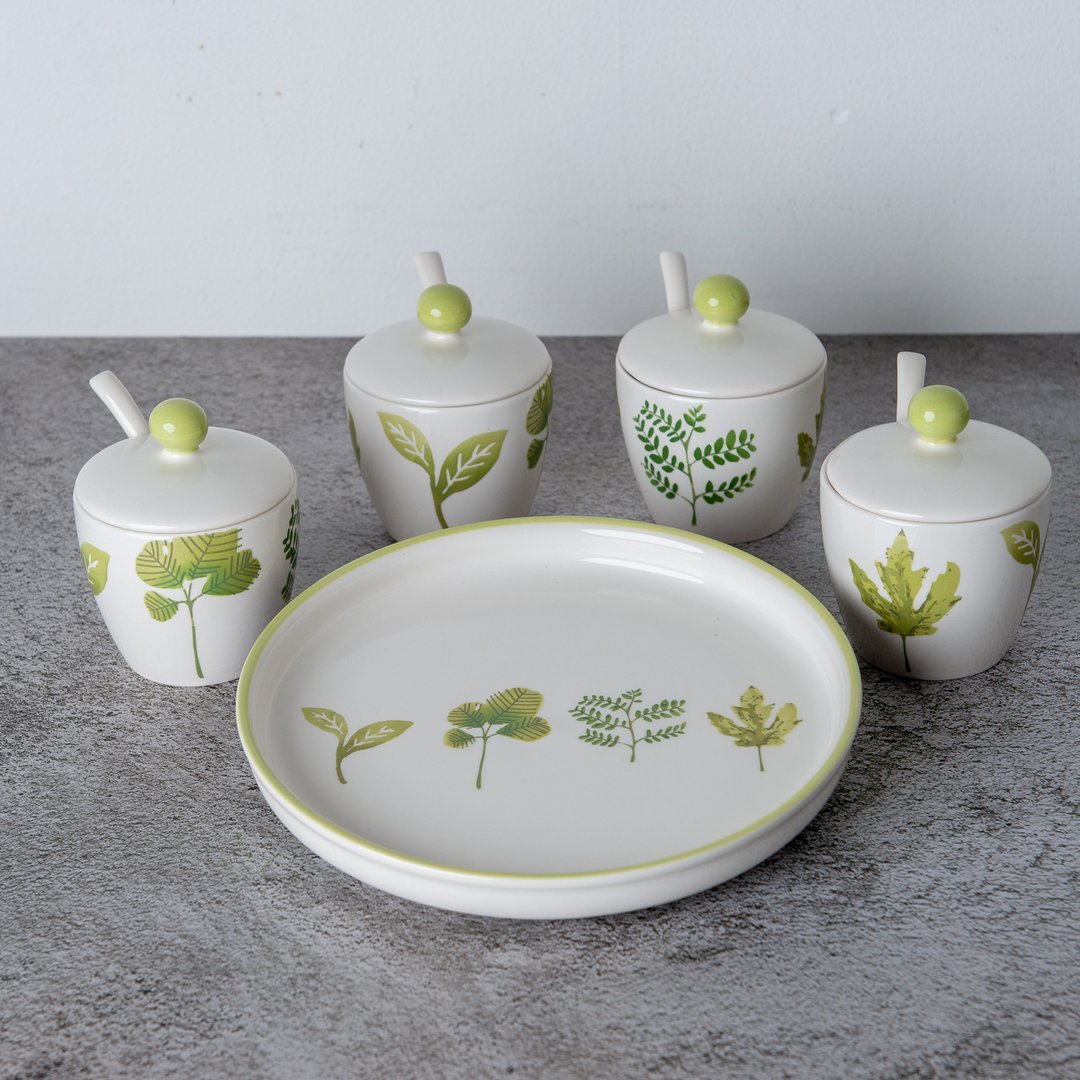 seasoning set GREEN LEAF (sold as a set) - 调味罐/酱料瓶 - 陶 绿色