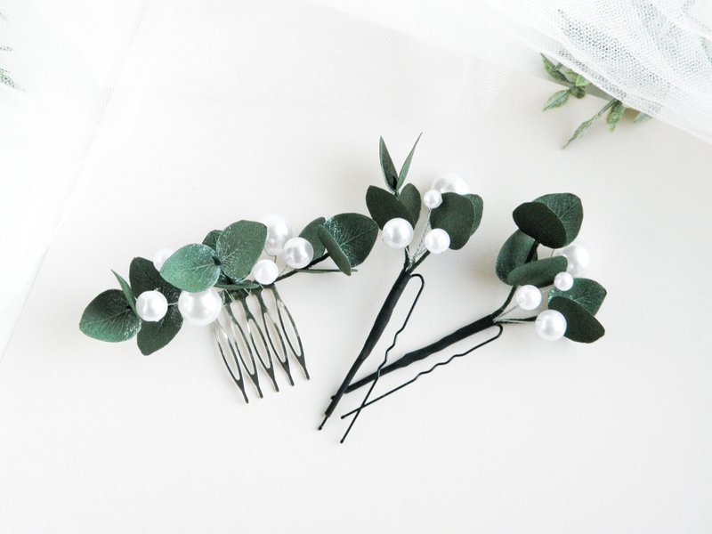Wedding floral hair comb Eucalyptus hair comb Pearl hair pins for bride - 发饰 - 植物．花 白色