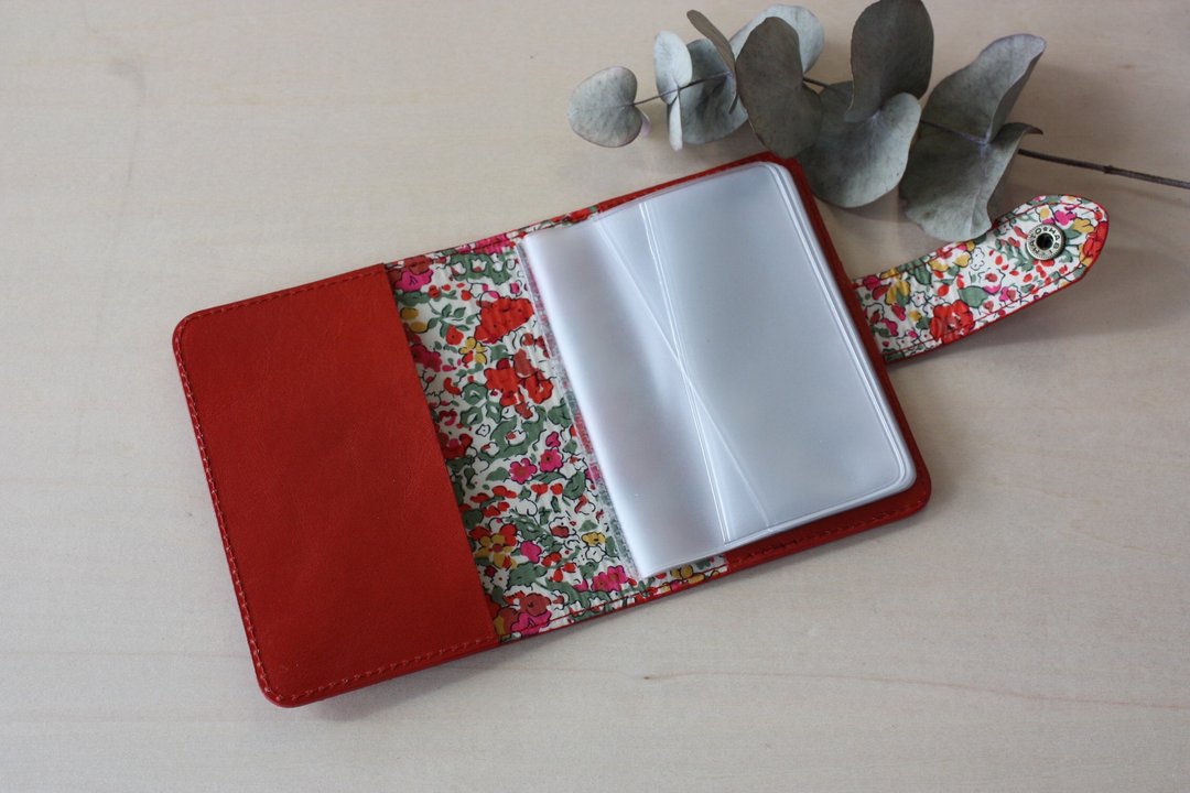 Cowhide x Liberty print card case red - 证件套/卡套 - 真皮 红色
