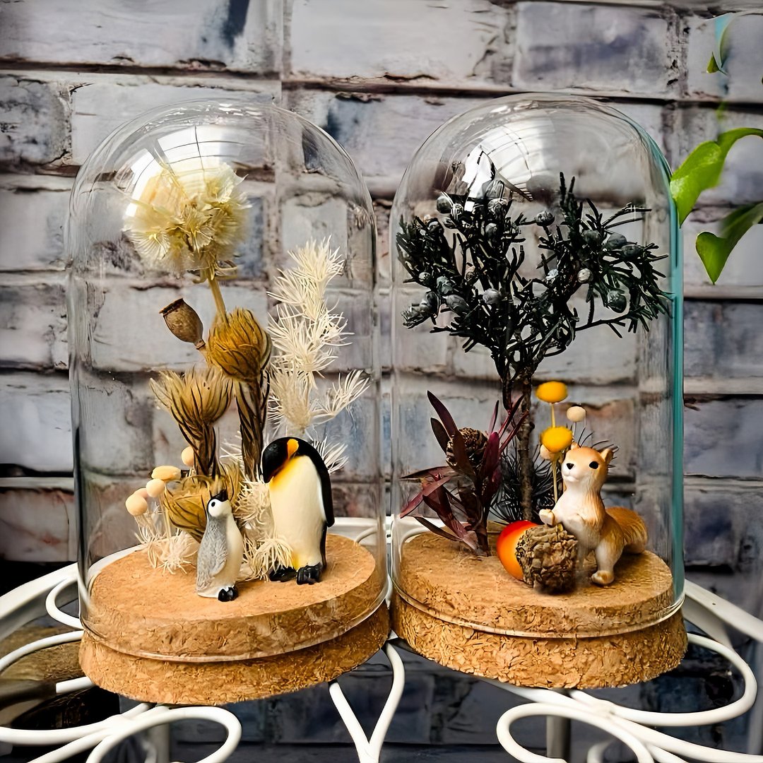 小小动物世界 - 松鼠小森林、亲子企鹅 永生花玻璃花盅 微景观童 - 干燥花/捧花 - 植物．花 白色