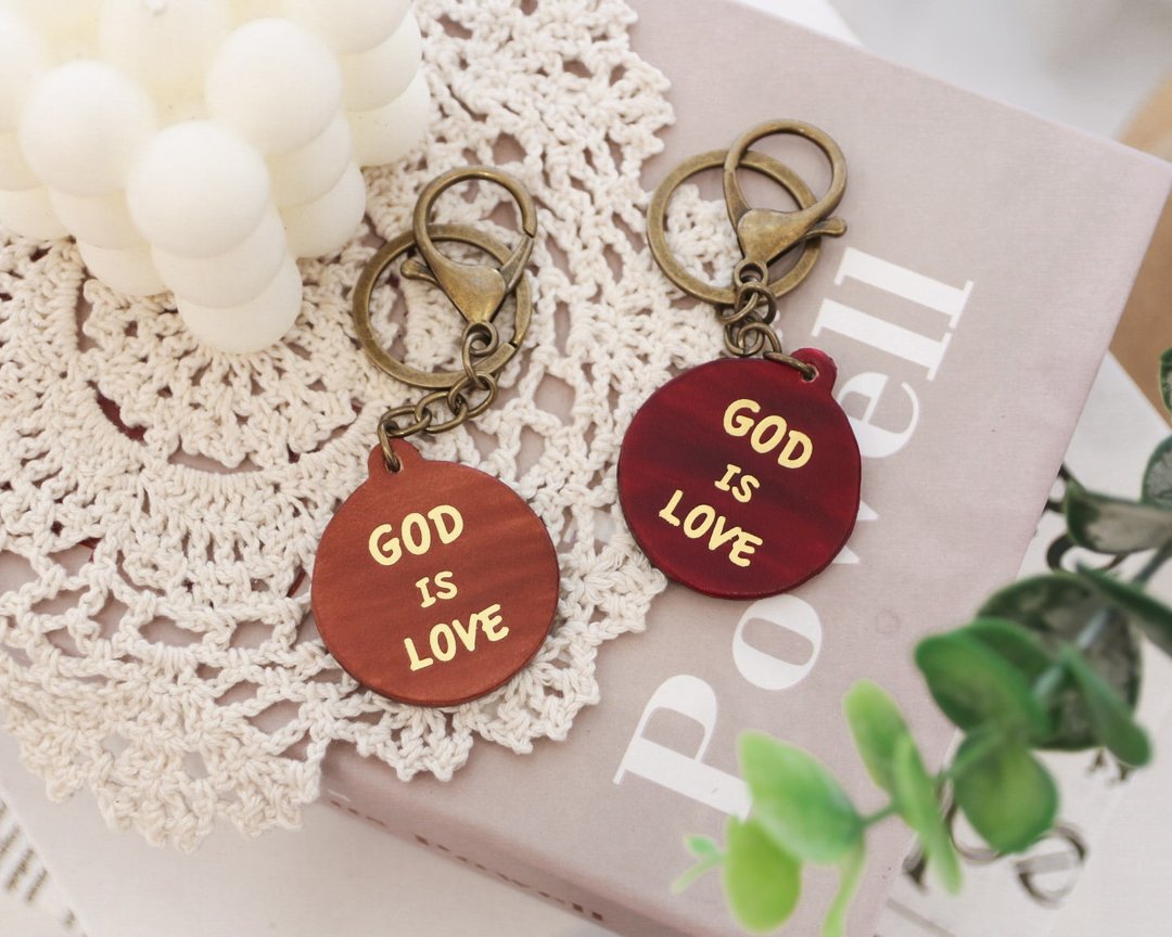 皮革圆形双面钥匙圈GOD IS LOVE福音礼品圣诞交换礼物定制刻字 - 吊饰 - 真皮 咖啡色