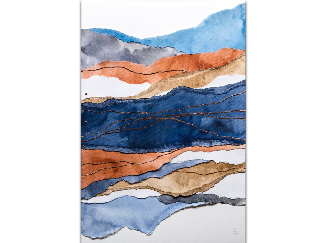 Abstract Landscape Painting Original Art Mixed-Media Artwork Collage Technique - 海报/装饰画/版画 - 纸 蓝色