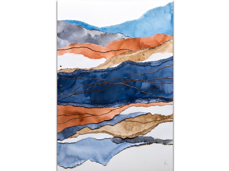 Abstract Landscape Painting Original Art Mixed-Media Artwork Collage Technique - 海报/装饰画/版画 - 纸 蓝色