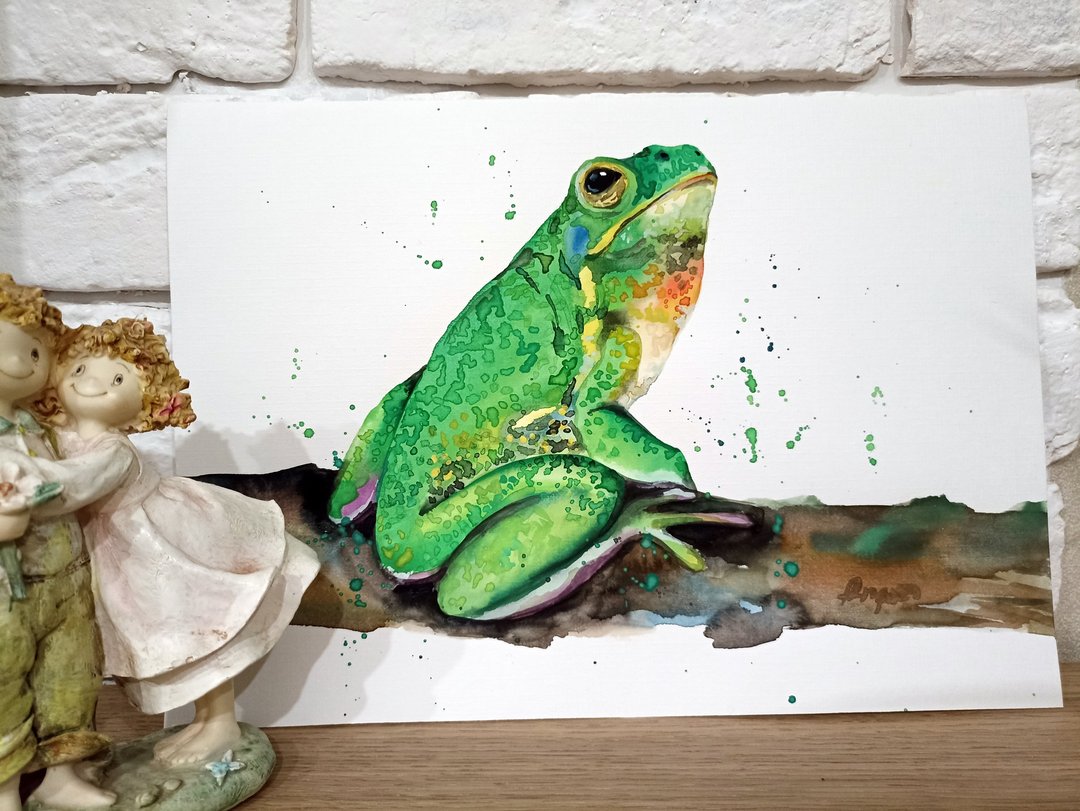 Watercolor original the green frog animal room decor painting art Anne Gorywine - 墙贴/壁贴 - 纸 白色