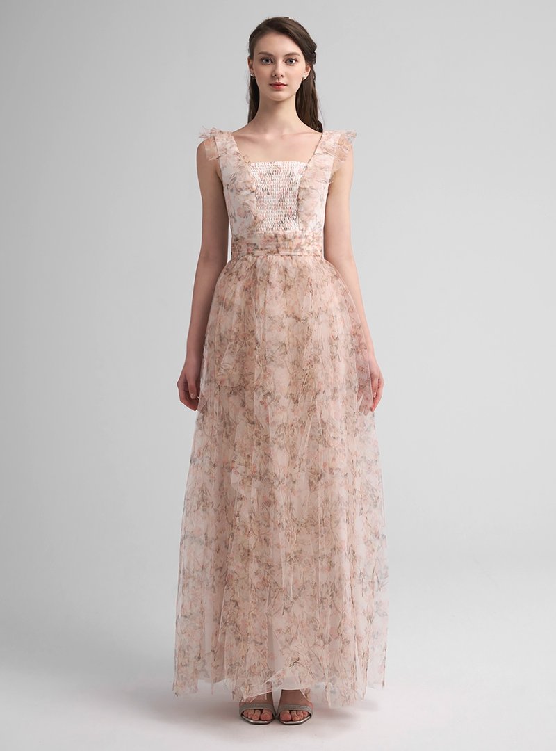 Coloris秋日印花网纱长洋装 - 洋装/连衣裙 - 其他人造纤维 多色