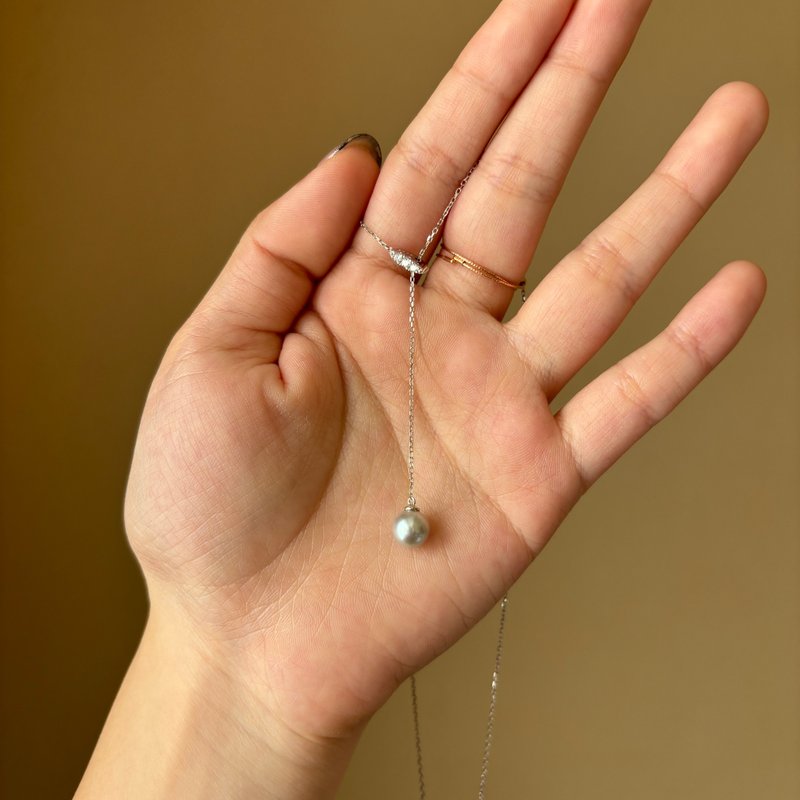 自然灰 真多麻 Akoya 海水珍珠  s925 Y 字链 可调式项链 近无瑕 - 项链 - 珍珠 白色