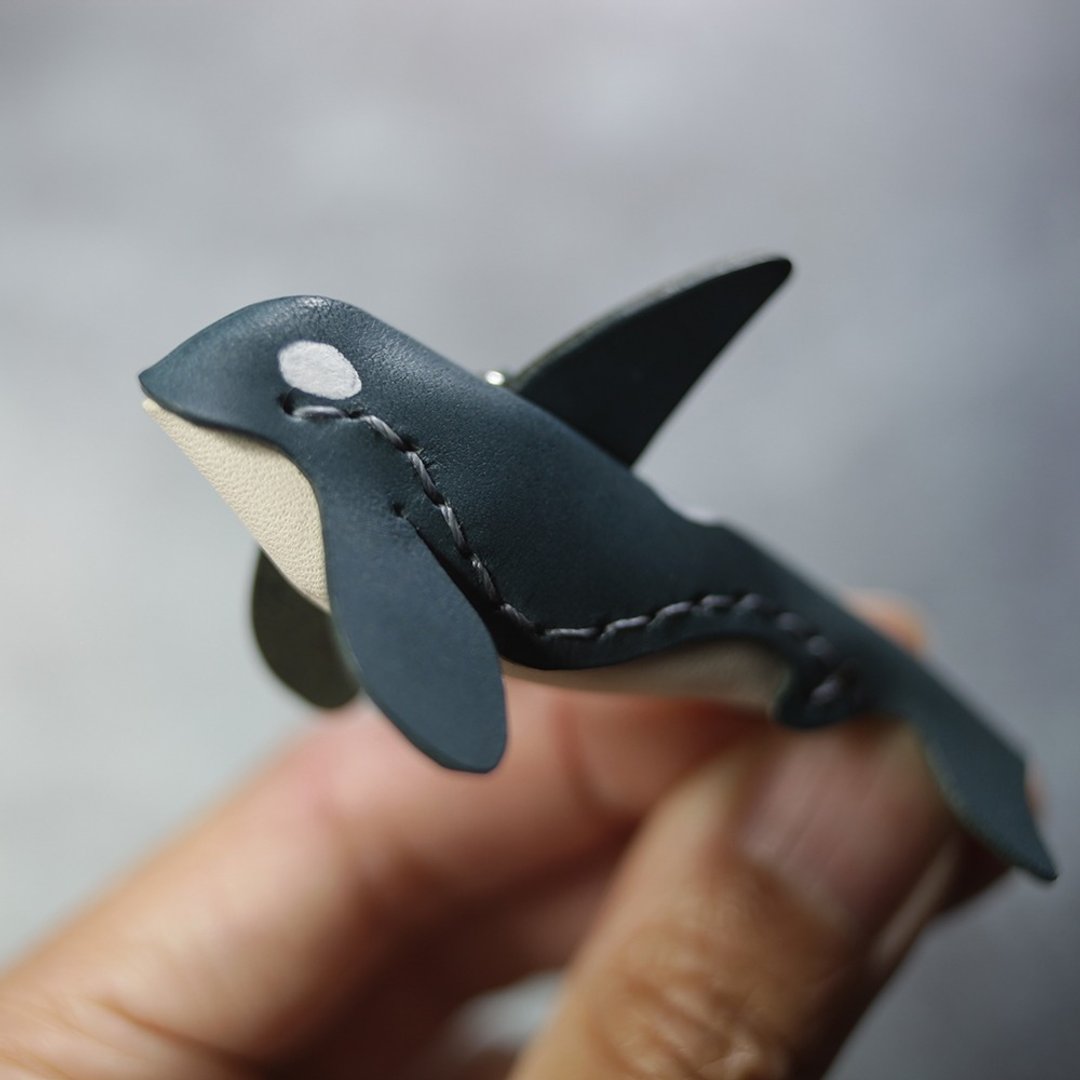 纯手工制 迷你 文青蓝 虎鲸 杀人鲸 钥匙圈 Killer Whale Key hol - 钥匙链/钥匙包 - 真皮 蓝色