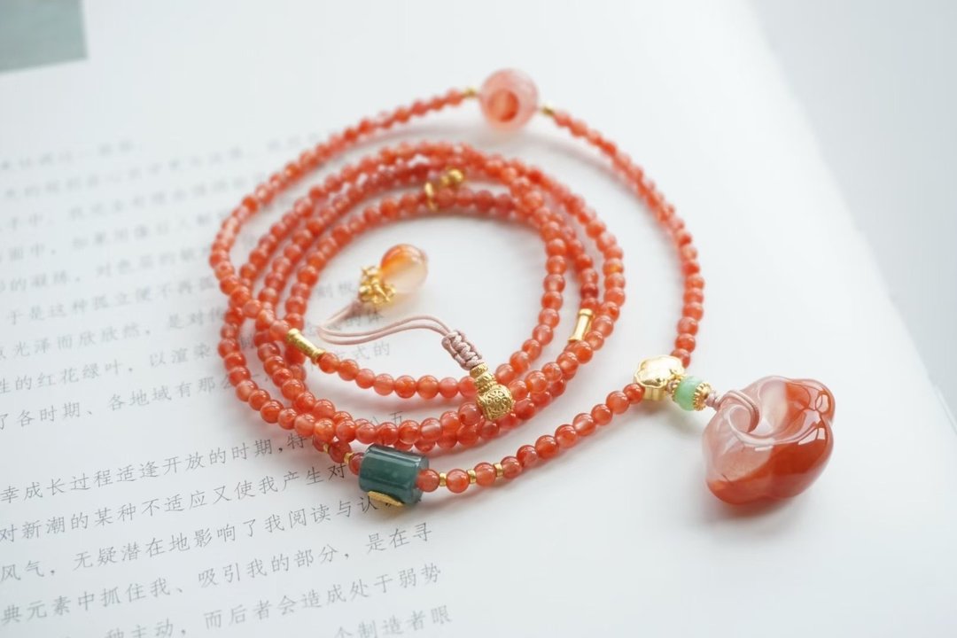天然冰飘南红如意锁项链毛衣链百搭女本命年必备南红项链生日礼物 - 项链 - 玉石 