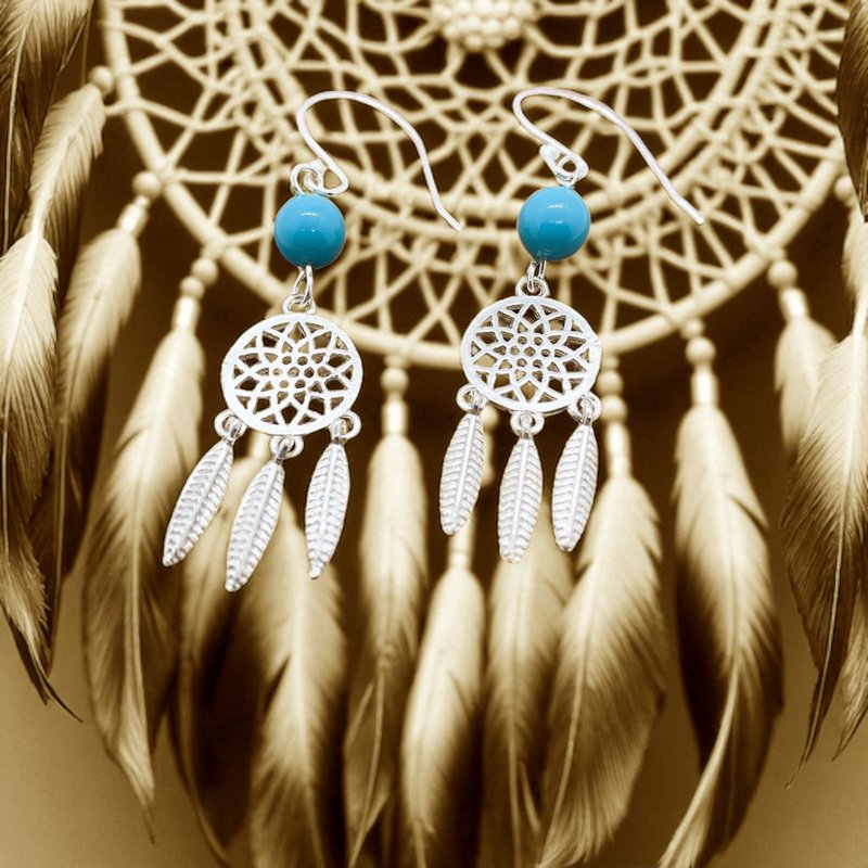 纯银 捕梦器 925 防敏感 粉蓝 施华洛珠耳环 - 耳环/耳夹 - 纯银 白色