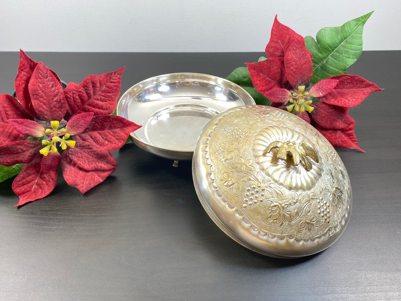 圆形金属碗小容器两只鸟复古实心盘手工制作 - 碗 - 其他金属 