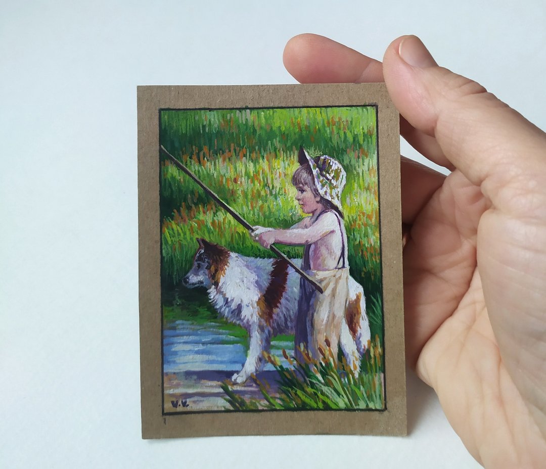 魚人Aceo原創藝術手工小畫 Boy Aceo Original Art Fishman small painting Collectible card - 海报/装饰画/版画 - 纸 绿色